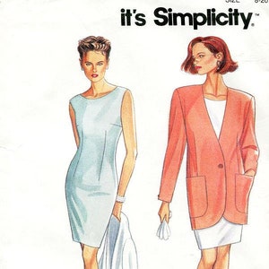 May include: A sewing pattern for a sleeveless dress and a long-sleeved jacket. The dress is light blue and the jacket is coral. The pattern is from Simplicity and the pattern number is 3963.