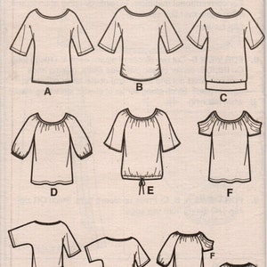 May include: A sewing pattern for a women's top with six different styles. The pattern includes a scoop neck, a boat neck, a cold shoulder, and a gathered top. The pattern is from Simplicity and is number 1805.