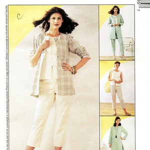 May include: A sewing pattern for a non-stop wardrobe featuring three different outfit options. The first outfit is a plaid jacket with white pants. The second outfit is a light blue jacket with white pants. The third outfit is a light blue top with white pants. The pattern is from McCall's.