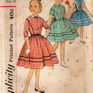 Simplicity 3100 - Sz 10 - Vtg 1959 Simplicity Sewing Pattern - Girls&#39; Collared Full Skirt Dress, Sleeve Variations - Simplicity Pattern