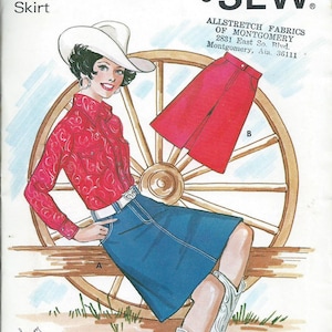 May include: A sewing pattern for a Western skirt, featuring a woman wearing a red shirt and a blue denim skirt. The pattern is called "Kwik Sew" and is for sizes 8-10-12. The pattern is from Allstretch Fabrics of Montgomery.