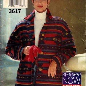 May include: A woman wearing a red, blue, and yellow striped jacket with a white turtleneck sweater underneath. The jacket has a southwestern pattern and gold buttons. The woman is holding a red mitten in her left hand. The image includes the text "see&sew NOW YES! IT'S easy".