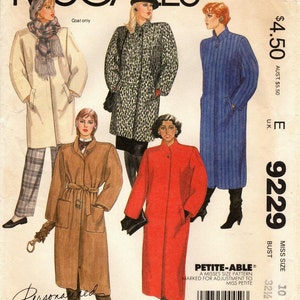 May include: A sewing pattern for a coat with four different styles. The pattern is for misses sizes 10-32 1/2 and is petite-able. The pattern is from McCall's and the number is 9229.