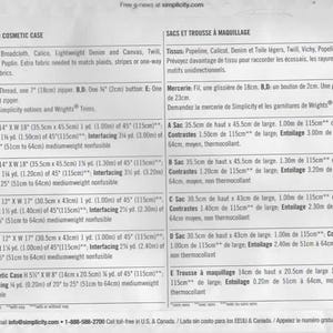 May include: Simplicity pattern 1905 for bags and a cosmetic case. Includes fabric and notion requirements, with measurements in cm and meters. Features illustrations of various bag styles and a cosmetic case.
