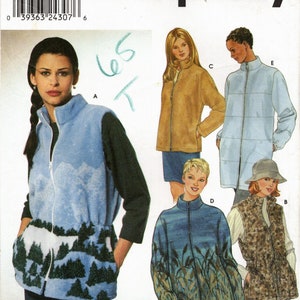 May include: A sewing pattern for a zip-up jacket and vest. The pattern is for sizes XS, S, and M. The pattern includes a blue vest with a white and green mountain scene, a blue jacket with a blue and green grass scene, a brown jacket, and a brown vest with a leopard print.