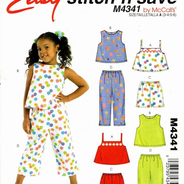 McCall's M4341 Stitch 'N Save - Sz 3 thru 6 Child's/Girls' Pullover Tops, Shorts & Pants - 4 Great Looks  -  McCall's Vintage Sewing Pattern