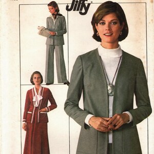 May include: A sewing pattern for a two-piece outfit. The pattern is for size 12 miss and is from Simplicity pattern number 7786. The pattern includes a long-sleeved jacket with a collar and a long skirt with a waistband. The pattern is called "Jiffy" and is for a "Miss" size 12.