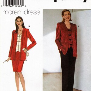 May include: A Simplicity sewing pattern for a dress, with two different views. The dress is red and has a fitted bodice and a skirt. The pattern number is 7385 and the size is R 14, 16, 18. The pattern is for a "maren dress".
