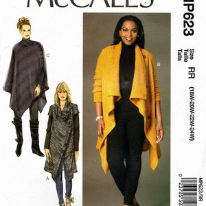 May include: Sewing pattern for a long, asymmetrical cardigan with a shawl collar and button closure. The pattern is available in sizes 18W-20W-22W-24W. The pattern is illustrated with three different models wearing the cardigan in different colors.
