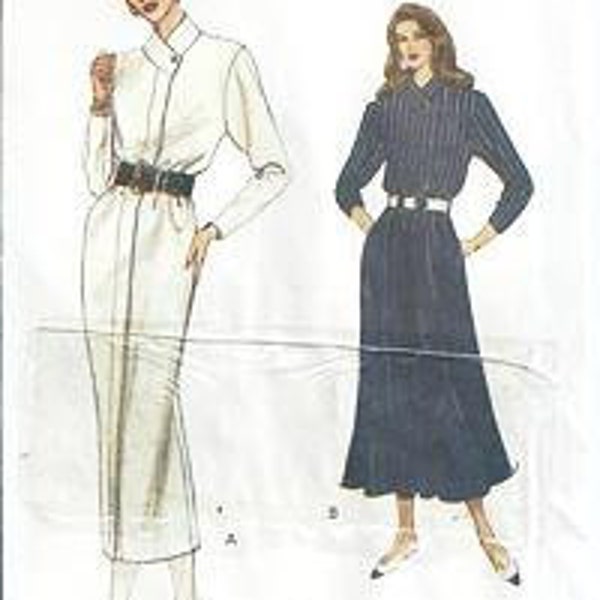 Sz 8 Thru 12 - Vintage Sewing Pattern - Easy Vogue 8751 - Misses' Long Sleeve Consealed Button - Loos-fitting Fitted or Flare Bottom Dress