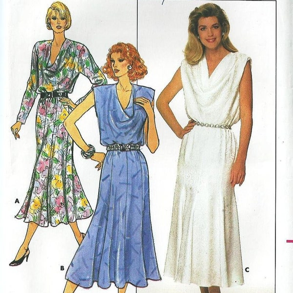 Sz 8 Thru 12 - Butterick Pattern 3887 - Misses' Drape Neckline, Blouson Bodice, Back Button Closing, Flared Gored Skirt, Sleeve Variations