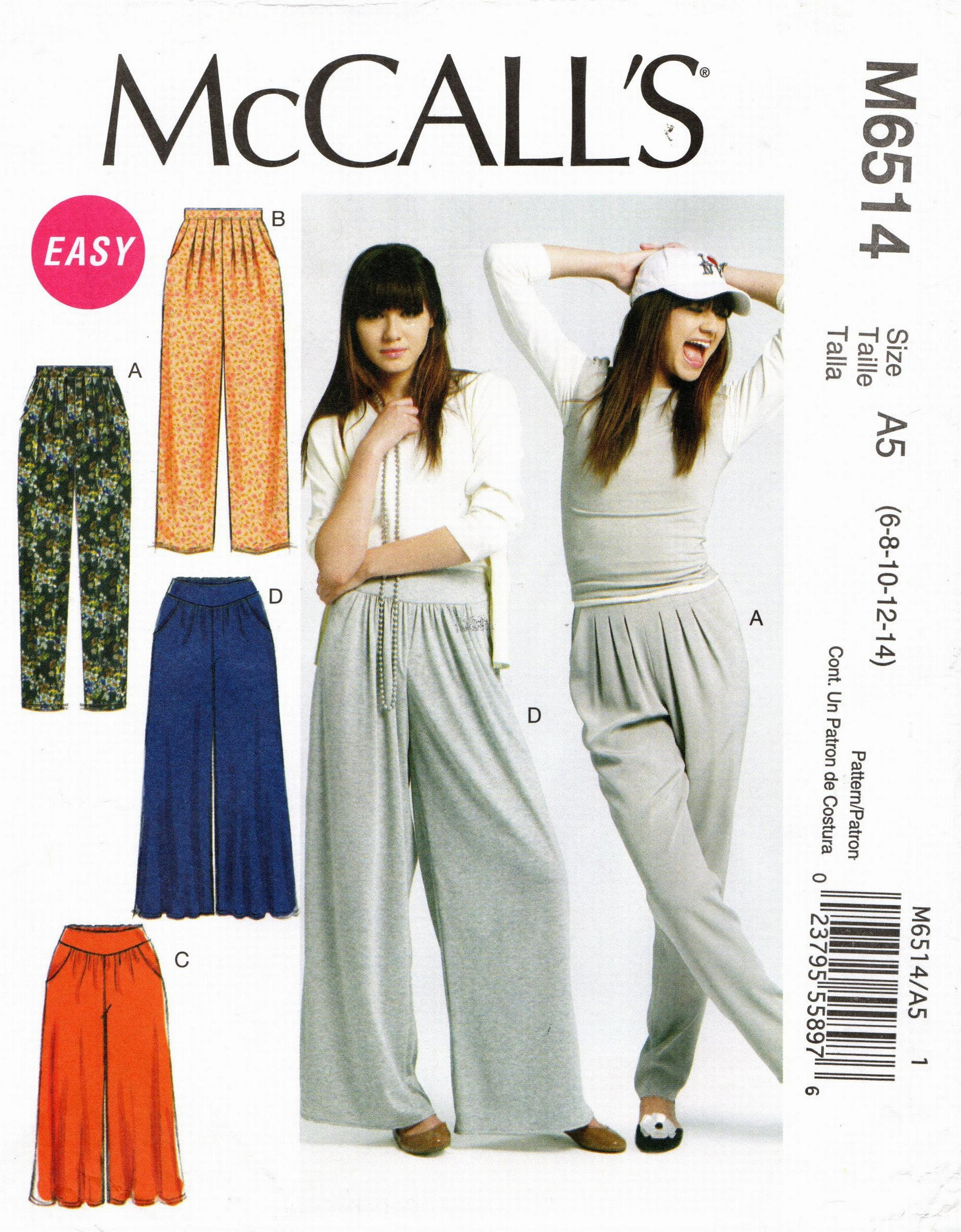 Sz 6 Thru 14 Mccall's Pattern M6514 Misses' Easy Pants in 2 Lenghts and 3  Widths, Tapered, Straight and Flared-leg Mccall's Pattern 