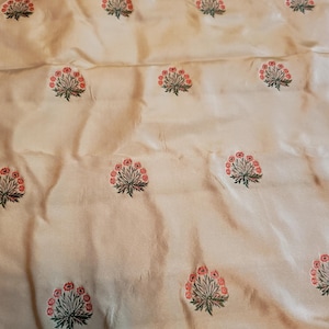 Vtg Asain Brocade Silk Embroidary Pink Flowers on Mustard Gold Background Continous Run Fabric, Not Sold by Yard - 3 yards