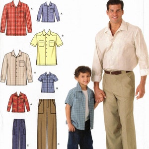 May include: Simplicity sewing pattern 4760 featuring various shirt and pants designs for adults and children. The image shows a man and a boy wearing the clothing. The pattern includes different shirt styles, including short and long sleeves.