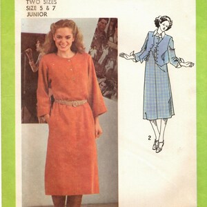 May include: Simplicity sewing pattern number 8835 for a dress. The pattern includes two sizes, 5 and 7 junior. The pattern shows two different styles of dresses, one with a long sleeve and a belt, and the other with a short sleeve and a vest.