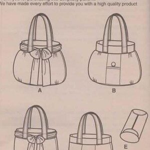 May include: Simplicity pattern 1905 shows illustrations of handbags with handles and bows. The pattern includes various bag styles, including a round bag with a bow, a bag with a pocket, and a cylindrical piece. The text "Simplicity" is at the top.
