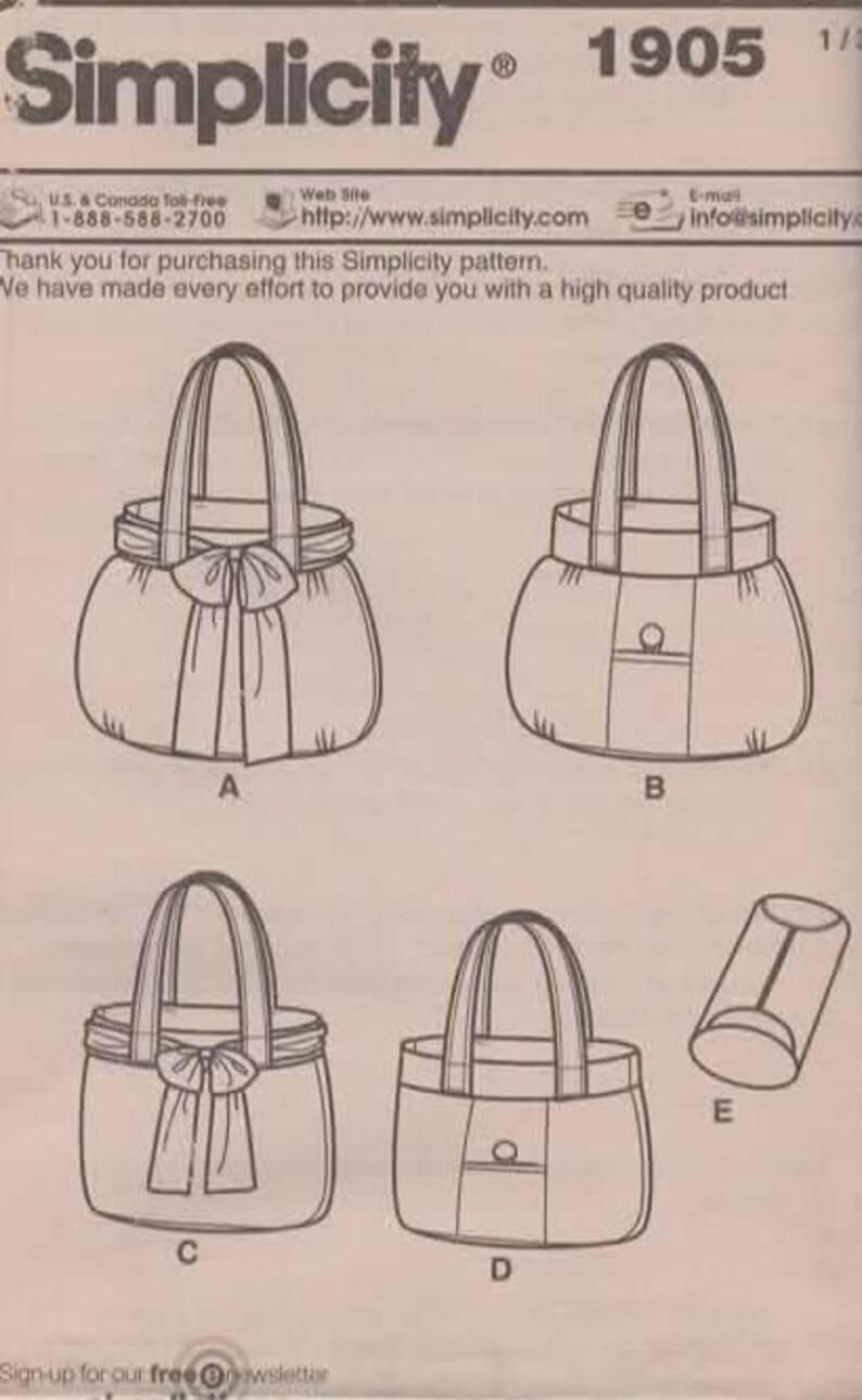 May include: Simplicity pattern 1905 shows illustrations of handbags with handles and bows. The pattern includes various bag styles, including a round bag with a bow, a bag with a pocket, and a cylindrical piece. The text "Simplicity" is at the top.