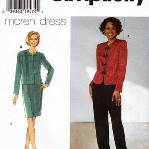 May include: Simplicity sewing pattern number 7387 for a dress with a mandarin collar and long sleeves. The pattern includes two views: a red jacket with black buttons and black pants, and a green dress with a matching jacket.