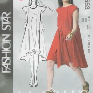 May include: A sewing pattern for a red dress with a tie belt. The pattern is labeled "M6553" and is for sizes E5 (14-16-18-20-22). The pattern is labeled "Easy" and is from McCall's.