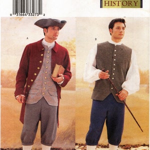 May include: A sewing pattern for a historical costume. The pattern includes two different styles: a long coat with a vest and breeches, and a vest with breeches. The pattern is for sizes 38, 40, and 42. The pattern is from Butterick and is called "Making History".
