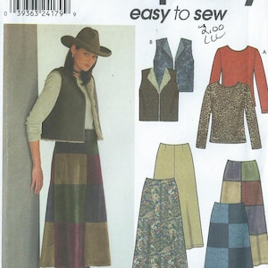 May include: A sewing pattern for a vest and skirt. The pattern includes instructions for making a patchwork skirt, a skirt with a paisley print, and a solid-color skirt. The pattern is for sizes 8, 10, 12, and 14.
