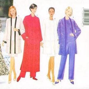 May include: A sewing pattern for a long, loose-fitting jacket or coat. The pattern includes four different styles, each with a different color and fabric. The pattern is from Butterick, a well-known sewing pattern company. The pattern number is 6214.