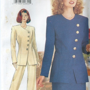 May include: A sewing pattern for a suit with a skirt and pants. The pattern is for sizes 6-8-10. The pattern is from Butterick and is part of their Fast & Easy line.