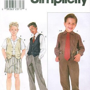 May include: Sewing pattern for boys' clothing, featuring three different styles: a short-sleeved shirt with a vest, a long-sleeved shirt with a vest and pants, and a long-sleeved shirt with suspenders and pants. The pattern is from Simplicity and is size 3-8.