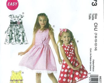 Sz 7 Thru 12 -  McCall's M6273 Easy Pattern - Girls' Flared Mid-Lenght Dresses, Front and Hemline Vairations, Sleeveless or Cap Sleeves