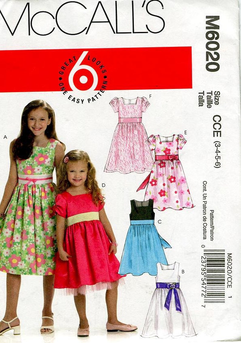 Sz 3 Thru 6 McCall's Pattern M6020 Children's and Girls' Lined Dresses, and Sheer Overdress Six Great Looks McCall's Pattern image 1