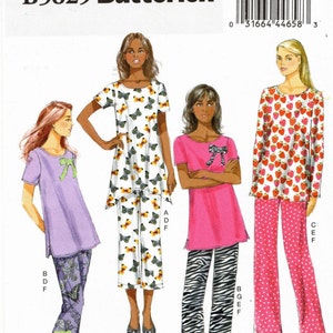 May include: A sewing pattern for pajamas with three different styles. The first style is a purple top with butterfly print pants. The second style is a white top with butterfly print with matching pants. The third style is a pink top with strawberry print with polka dot pants. The pattern is for sizes Lrg-Xlg-Xxl. The pattern number is B5829.
