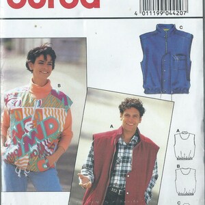 May include: Burda sewing pattern number 4420 for a sleeveless vest. The pattern includes three different styles: a red vest, a blue vest, and a white vest. The pattern is for sizes 38 to 48 for women and 44 to 54 for men.