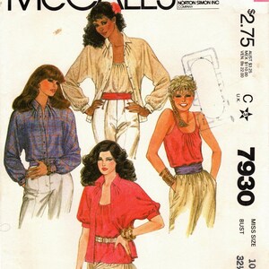 T 10 - patron de couture vintage McCall's 7930 - chemisiers à col et boutonnage sur le devant pour femmes - Patron McCall's
