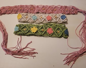 Unbranded Green Boho Woven Macrame Belt with Wooden Beads, Crochet Flowers & Fringe Tie 2.5" Wide X 55" Long - Macrame Belts