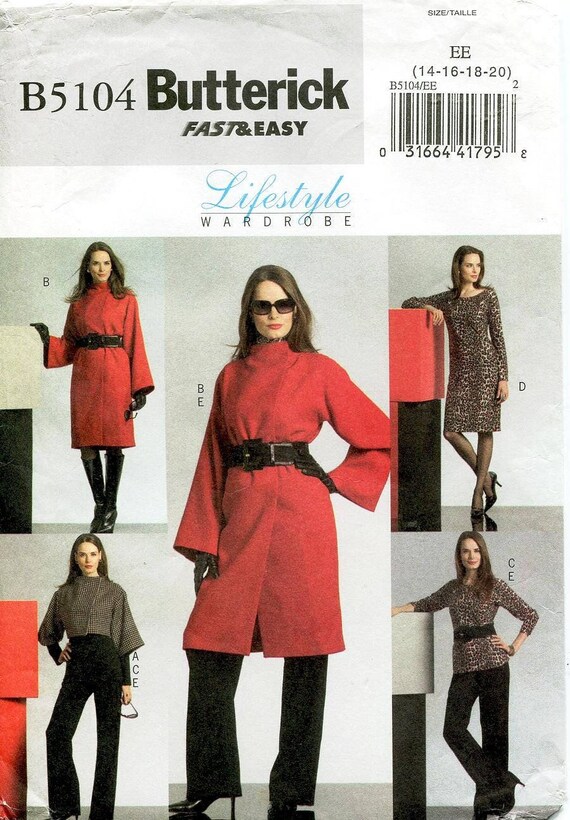 Sz  14/16/18/20 - Butterick Pattern B5104 - Misses' Jacket, Coat,Top, Dress And Pants - Fast & Easy - Lifestyle Wardrobe