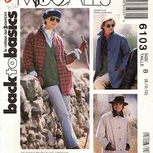 May include: A sewing pattern for a jacket with three different styles. The pattern is for sizes 8, 10, and 12. The pattern is from McCall's and is called "Easy Basics".