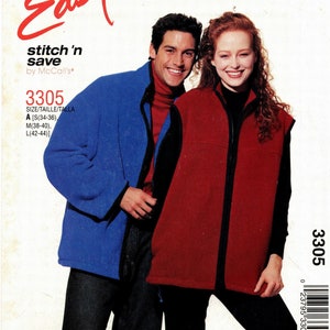 May include: A sewing pattern for a blue jacket and a red vest. The pattern number is 3305. The sizes are S (34-36), M (38-40), and L (42-44).