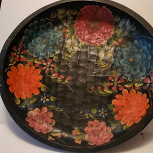 Wooden Bowl - Vintage Hand-Painted Large 16X16.5&quot;X2&quot; Deep - Antique Folk Art Wooden Bowl - Vivid Colored Flowers - Antique Wooden Bowl