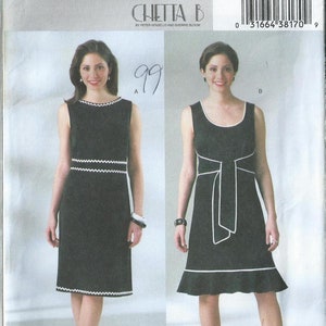 May include: A sewing pattern for a sleeveless dress with a white trim. The pattern is for sizes 8, 10, and 12. The pattern is from Butterick, Chetta B, by Peter Novello and Sherrie Bloom.