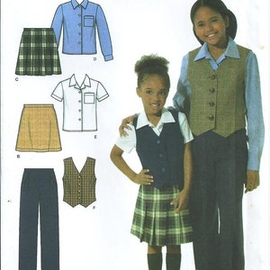 May include: Simplicity sewing pattern number 4978 for sizes HH 3, 4, 5, 6. The pattern includes instructions for making a plaid skirt, a solid skirt, a vest, a shirt, and pants. The pattern is illustrated with two children wearing the finished garments.