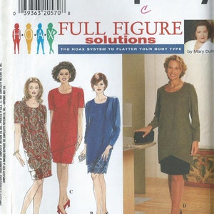 May include: A sewing pattern for a dress with three different styles. The pattern is for sizes 18W-24W and is called "Full Figure Solutions" by Simplicity. The pattern is for a dress with a scoop neck and a skirt that is either straight, A-line, or a-line with a peplum.
