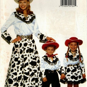 May include: A sewing pattern for a cow print outfit. The pattern includes a skirt, shirt, and two different sizes of children's outfits. The pattern is from Butterick and the pattern number is 4655.
