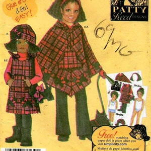May include: A paper doll pattern featuring two girls wearing plaid dresses and capes. The pattern is from Patty Reed Designs and includes instructions for gluing and sewing. The text "Download your free* matching paper dolls!" is at the top of the image. The text "Just Glue or Sew & Go! EASY!" is in the upper left corner of the image. The text "69¢" is in the upper right corner of the image. The text "Free! matching paper doll is yours when you visit simplicity.com" is in the lower right corner of the image.