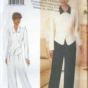 May include: A sewing pattern for a white jacket and black pants. The pattern is for sizes 6-8-10-12. The pattern is from Butterick and is for David Warren. The pattern number is 4730. The pattern is for a women's suit.