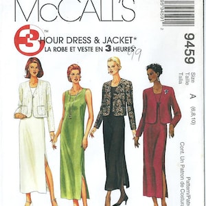 May include: A sewing pattern for a dress and jacket. The pattern is for sizes 6, 8, and 10. The pattern is called "3 Hour Dress & Jacket" and is from McCall's.