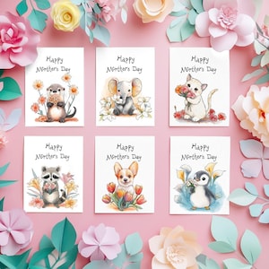 Tarjeta del Día de la Madre, linda tarjeta con un animalito bebé, tarjeta de felicitación para mamá, nutria bebé, elefante, gatito, mapache, corgi, pingüino, tarjeta floral para mamá