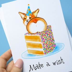 Carte d'anniversaire corgi, gâteau corgi, gâteau d'anniversaire, carte de voeux d'anniversaire, carte de voeux chien, chien et gâteau, gâteau d'anniversaire, saupoudrer de gâteau