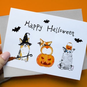 Carte d'Halloween, Halloween effrayant, joyeux Halloween, jolie carte d'Halloween, carte de voeux corgi, carte de vœux, des bonbons ou un sort, carte de voeux chien
