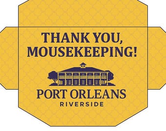 May include: A yellow envelope with a repeating pattern. The text "THANK YOU, MOUSEKEEPING!" is in dark blue. Below is a graphic of a building and the words "PORT ORLEANS RIVERSIDE" in dark blue.