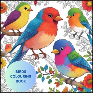 May include: A colorful illustration of a bird coloring book cover. The cover features five vibrantly colored birds perched on branches, set against a backdrop of black and white floral line art. The text "BIRDS COLOURING BOOK" is displayed on a blue and green gradient circle.
